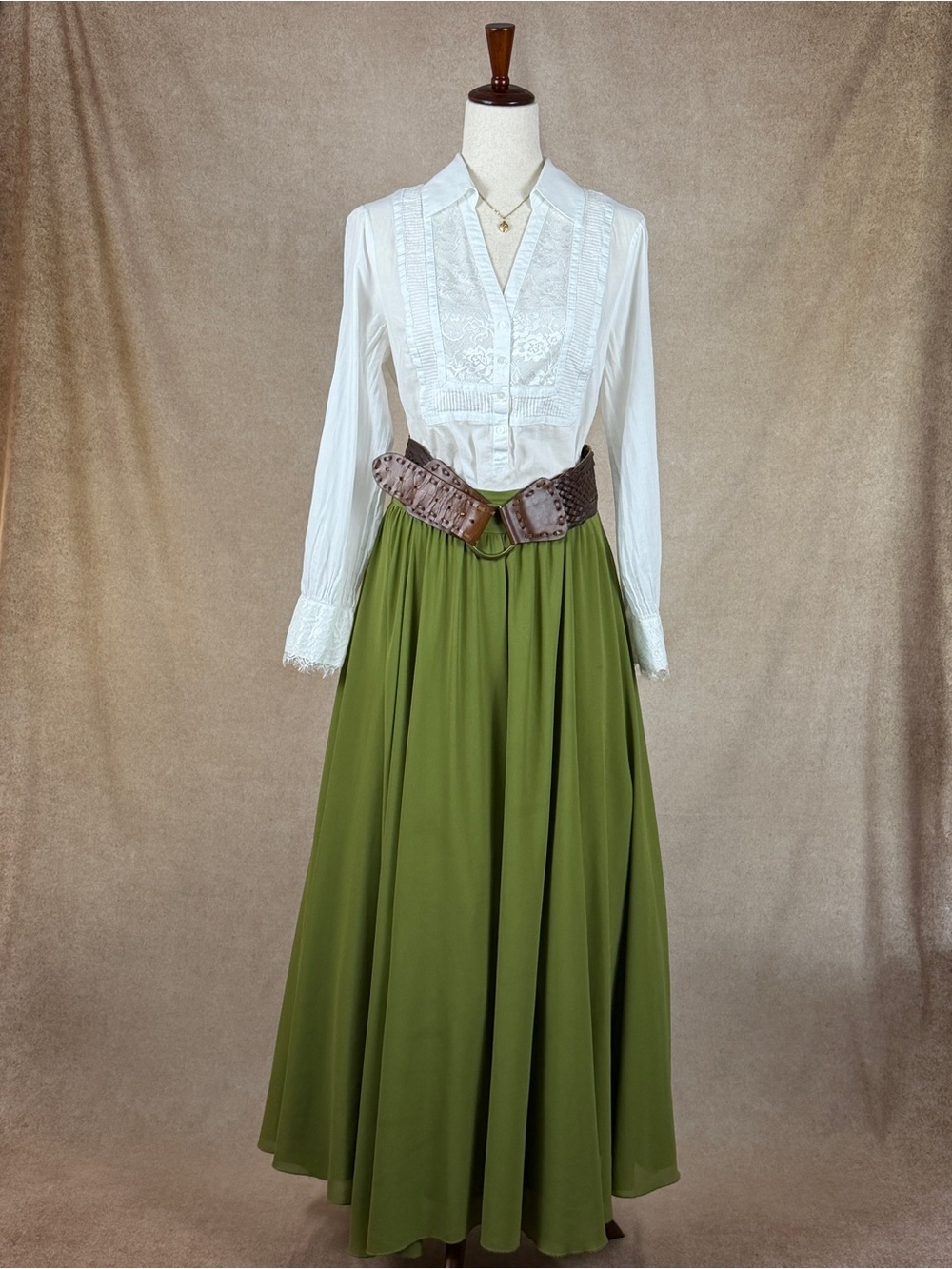 Vintage Anthropologie, Olive Green Chiffon Maxi Skirt